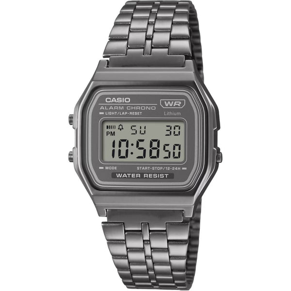 Casio Vintage A158WETB-1AEF digital unisexklocka med grå urtavla och armband i rostfritt stål