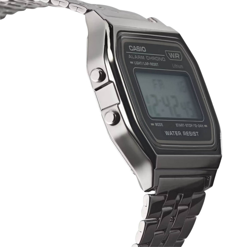Casio Vintage A158WETB-1AEF digital unisexklocka med grå urtavla och armband i rostfritt stål