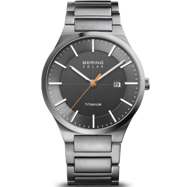 Bering Solar 15239-779 analog herrklocka med grå urtavla och armband i titan
