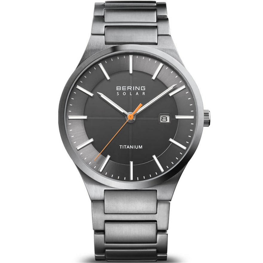 Bering Solar 15239-779 analog herrklocka med grå urtavla och armband i titan