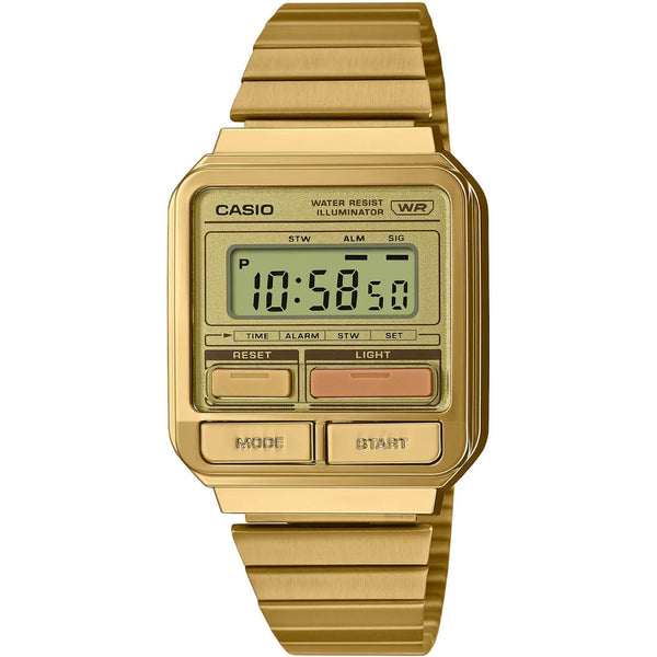 Casio Vintage A120WEG-9AEF digital unisexklocka med grå urtavla och armband i rostfritt stål