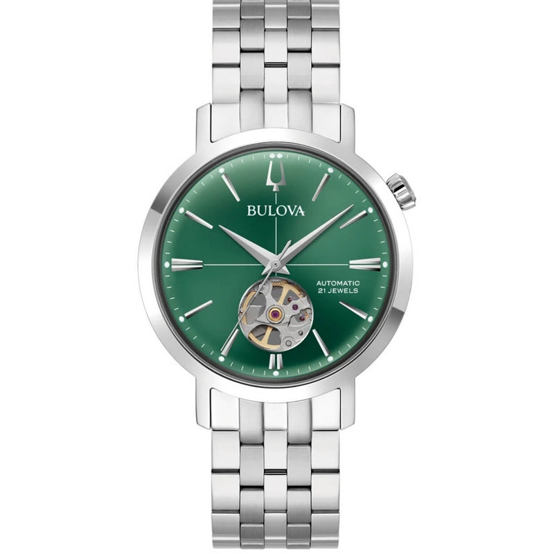Bulova Aerojet 96A319 analog herrklocka med grön urtavla och armband i rostfritt stål