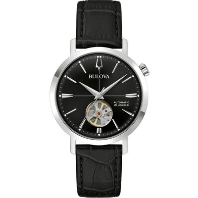 Bulova Aerojet 96A317 analog herrklocka med svart urtavla och armband i läder