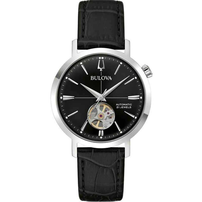 Bulova Aerojet 96A317 analog herrklocka med svart urtavla och armband i läder
