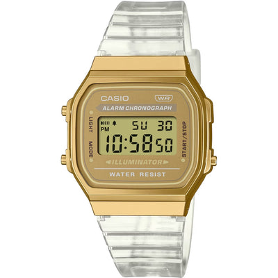 Casio Vintage A168XESG-9AEF digital unisexklocka med guld urtavla och armband i resin