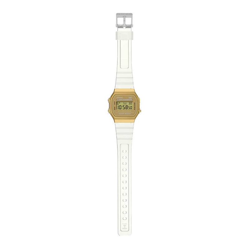 Casio Vintage A168XESG-9AEF digital unisexklocka med guld urtavla och armband i resin