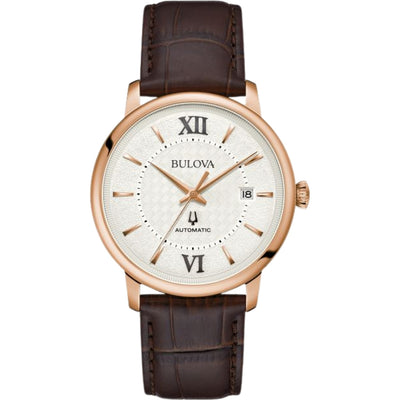 Bulova Hudson Automatic 97B225 analog herrklocka med silver urtavla och armband i läder
