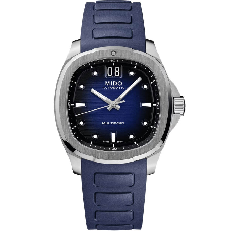 Mido Multifort TV Big Date M049.526.17.041.00 analog herrklocka med blå urtavla och armband i gummi