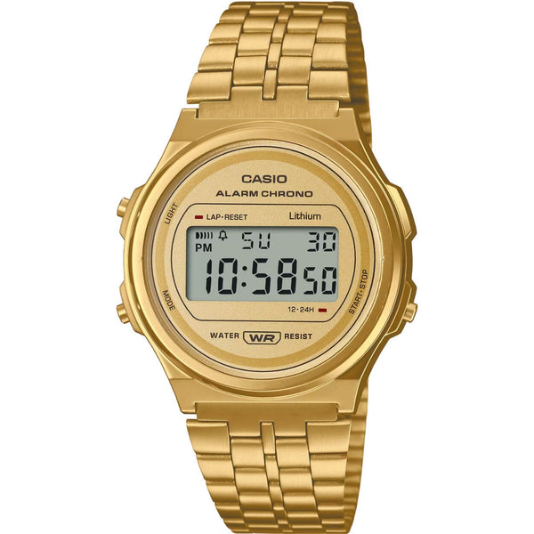 Casio Vintage A171WEG-9AEF digital unisexklocka med guld urtavla och armband i rostfritt stål