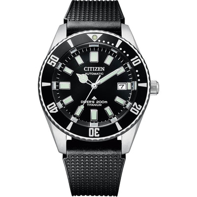 Citizen Promaster Automatic Diver Titanium NB6021-17E analog herrklocka med svart urtavla och armband i silikon