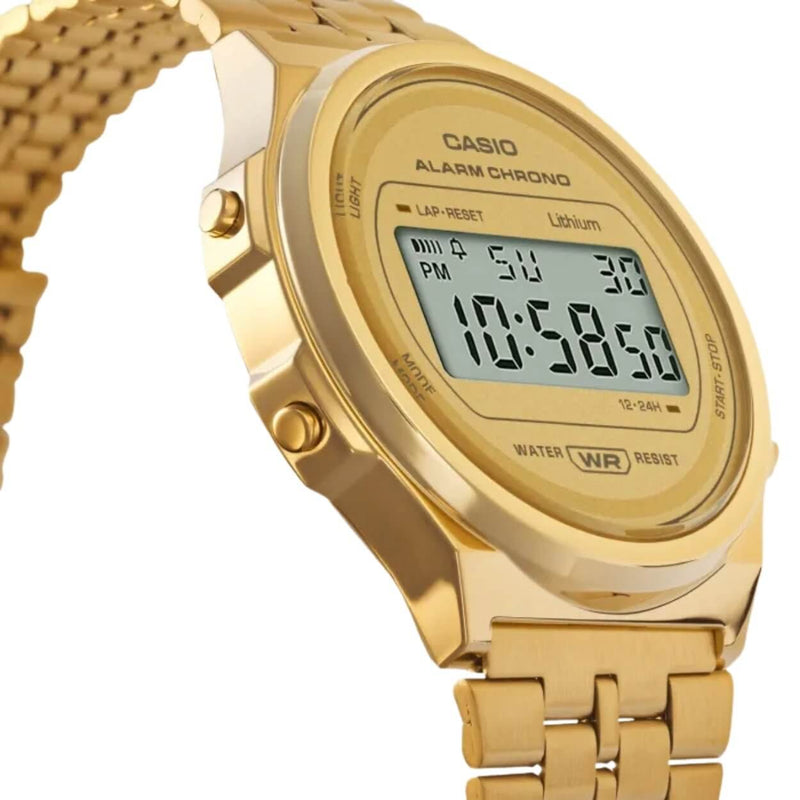 Casio Vintage A171WEG-9AEF digital unisexklocka med guld urtavla och armband i rostfritt stål