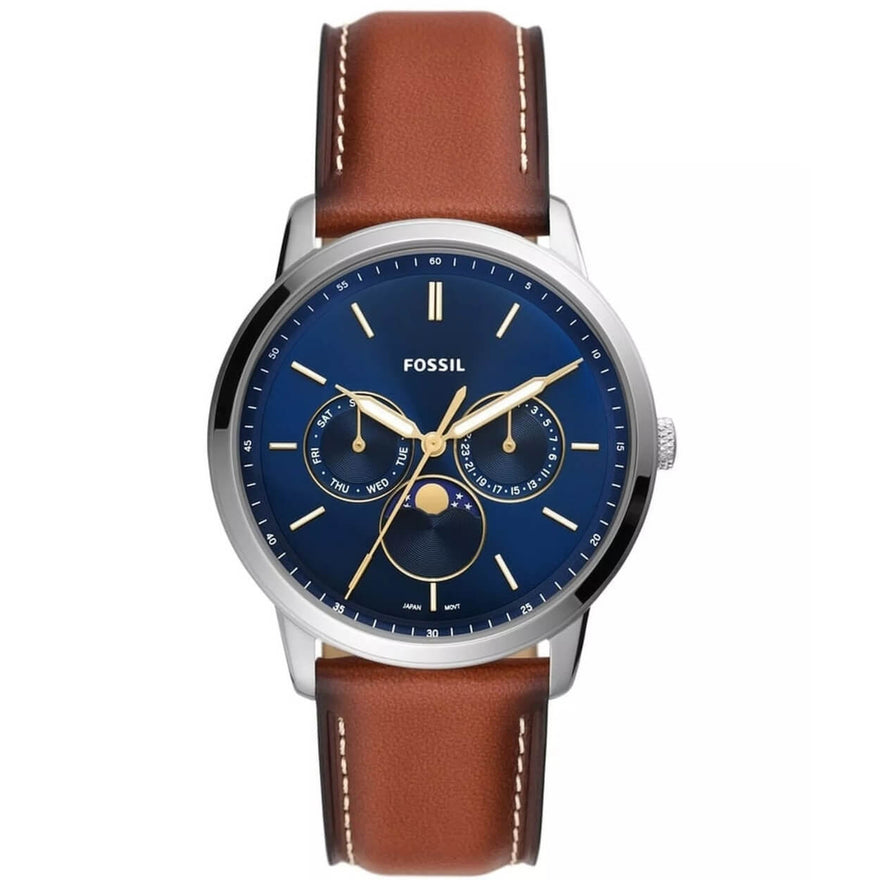 Fossil Neutra Minimalist FS5903 analog herrklocka med blå urtavla och armband i läder