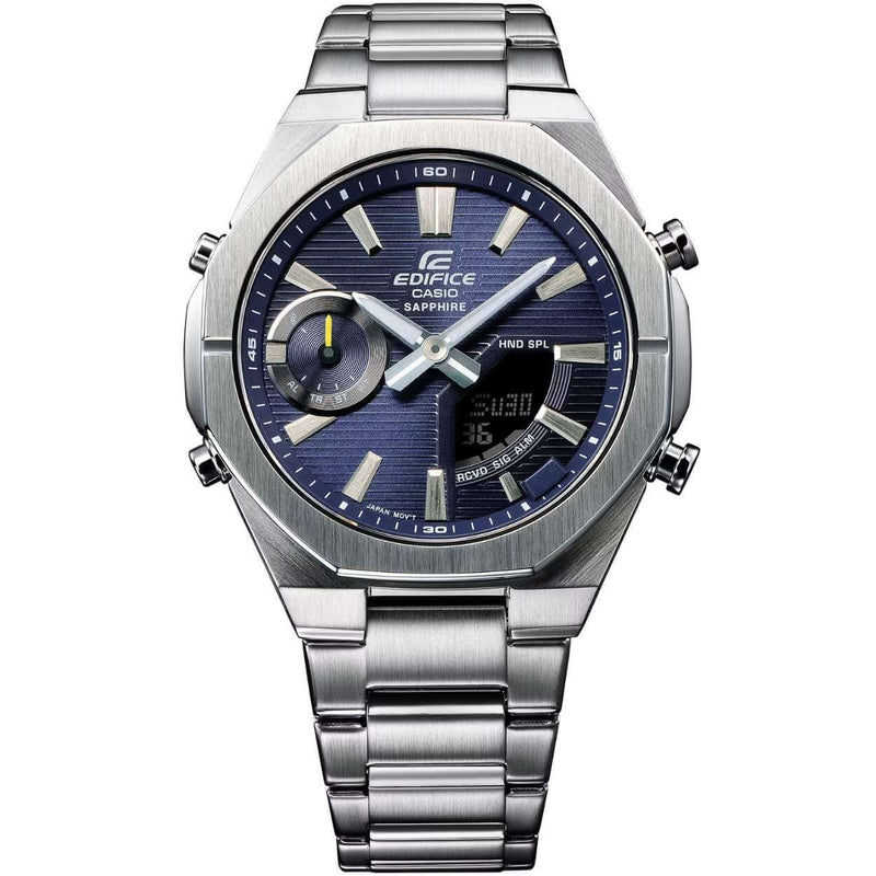 Casio Edifice ECB-S10D-2AEF ana-digi herrklocka med blå urtavla och armband i rostfritt stål