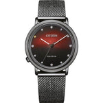 Citizen Eco Drive EM1007-47E analog damklocka med rött urtavla och armband i rostfritt stål