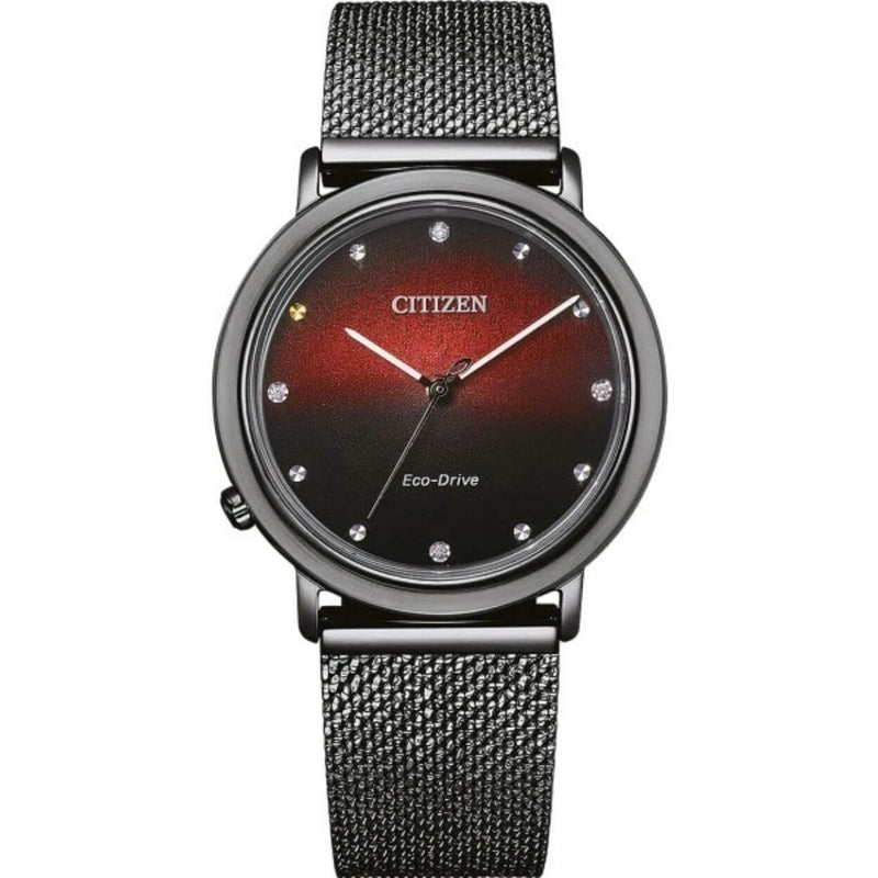 Citizen Eco Drive EM1007-47E analog damklocka med rött urtavla och armband i rostfritt stål