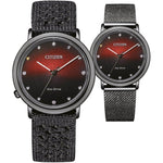 Citizen Eco Drive EM1007-47E analog damklocka med rött urtavla och armband i rostfritt stål