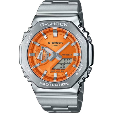 Casio G-Shock G-Steel GM-2110D-4AER analog herrklocka med orange urtavla och armband i rostfritt stål