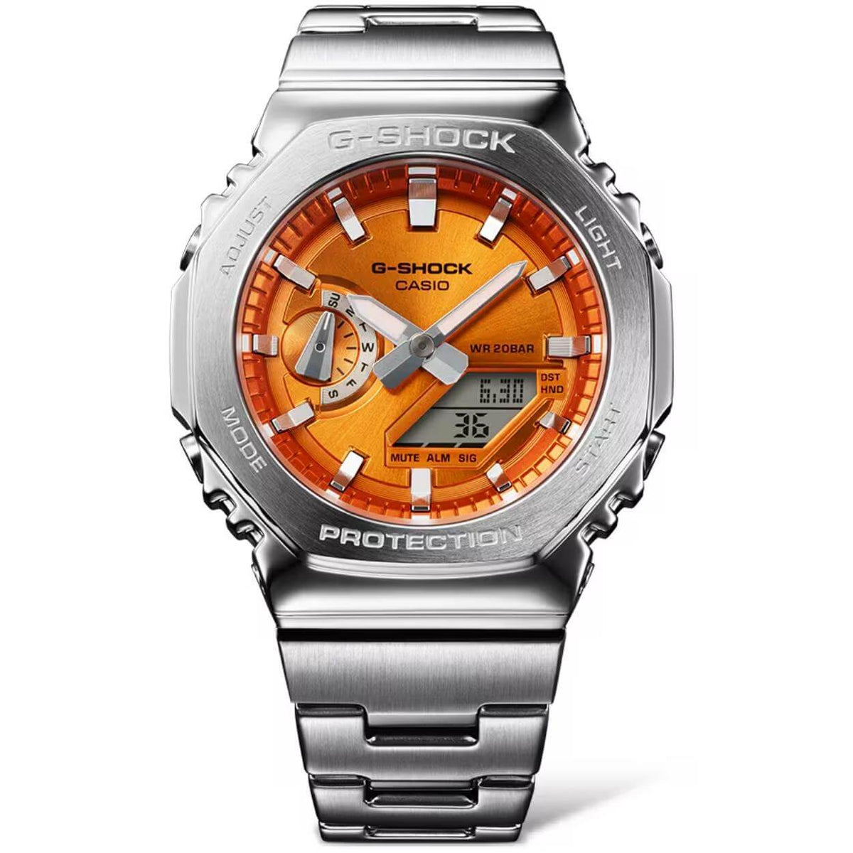 Casio G-Shock G-Steel GM-2110D-4AER analog herrklocka med orange urtavla och armband i rostfritt stål