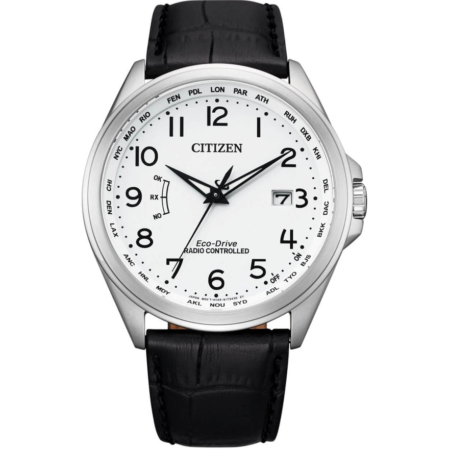 Citizen Eco-Drive Radio Controlled CB0250-17A analog herrklocka med vit urtavla och armband i läder