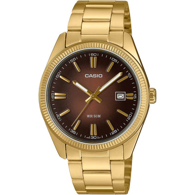 Casio Timeless MTP-1302PGC-5AVEF analog herrklocka med brun urtavla och armband i rostfritt stål