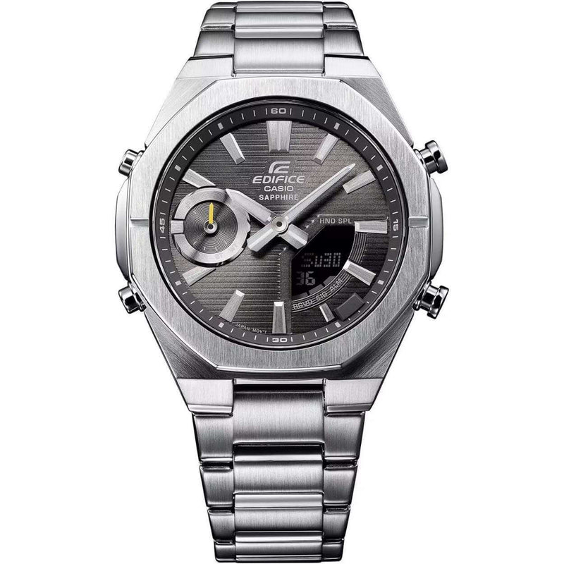 Casio Edifice ECB-S10D-8AEF analog herrklocka med grå urtavla och armband i rostfritt stål