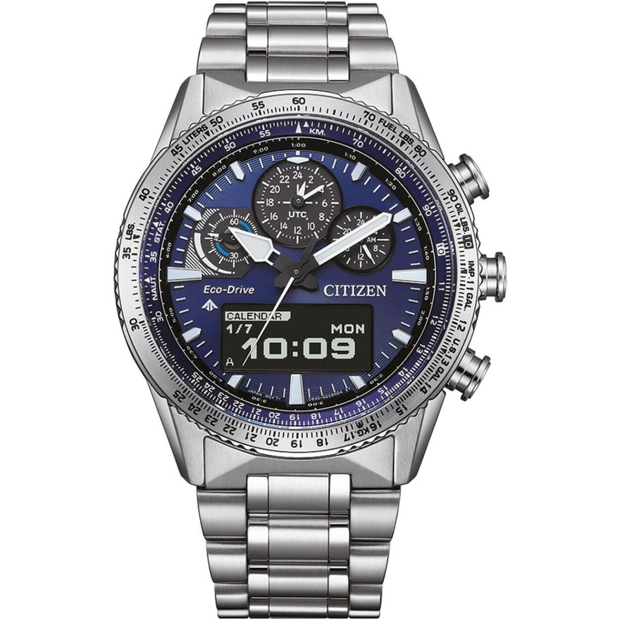 Citizen Promaster Sky JV2000-51L analog herrklocka med blå urtavla och armband i rostfritt stål