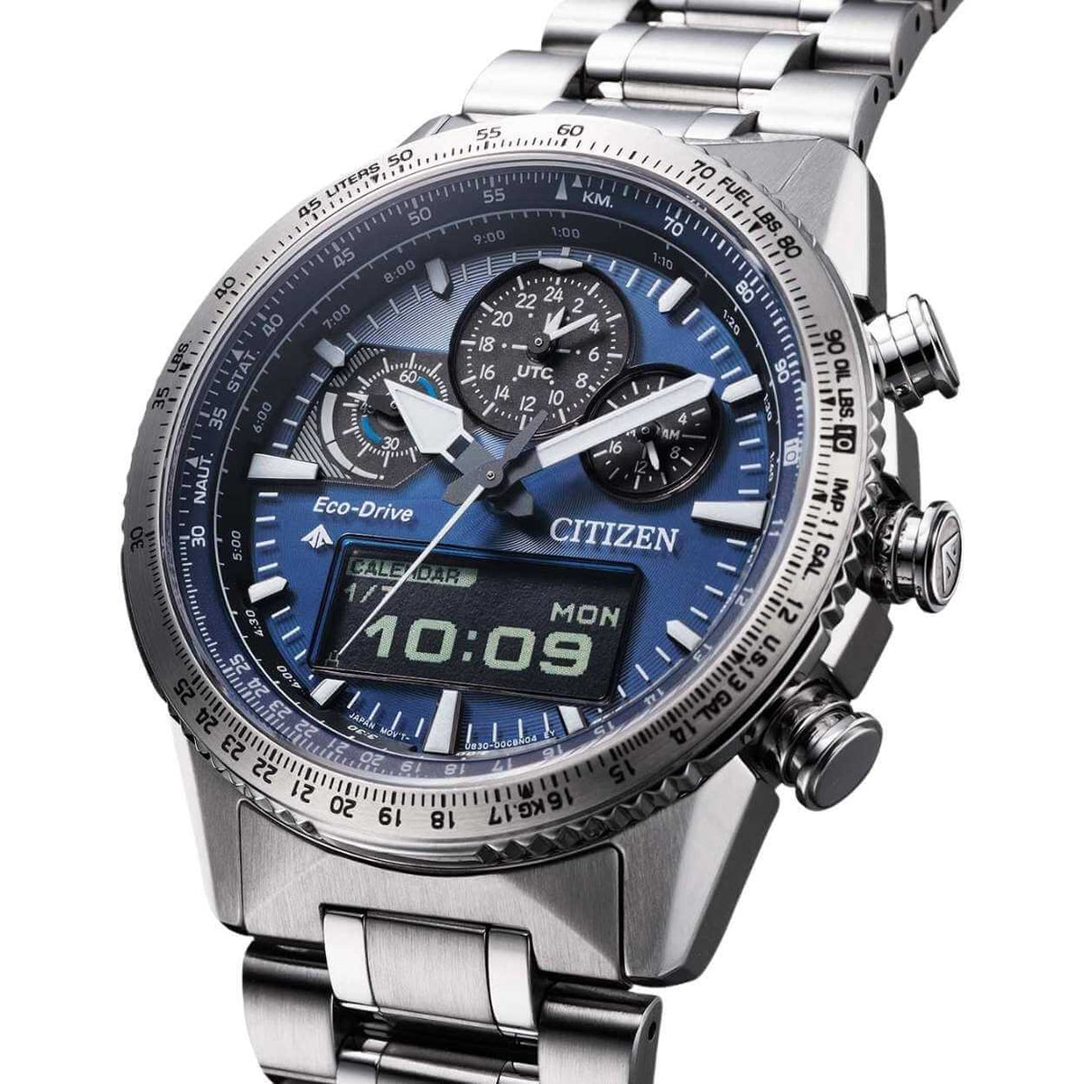 Citizen Promaster Sky JV2000-51L analog herrklocka med blå urtavla och armband i rostfritt stål