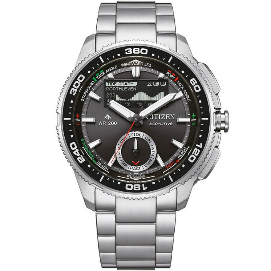 Citizen Promaster Wave Tracker JV3001-53E analog herrklocka med svart urtavla och armband i rostfritt stål