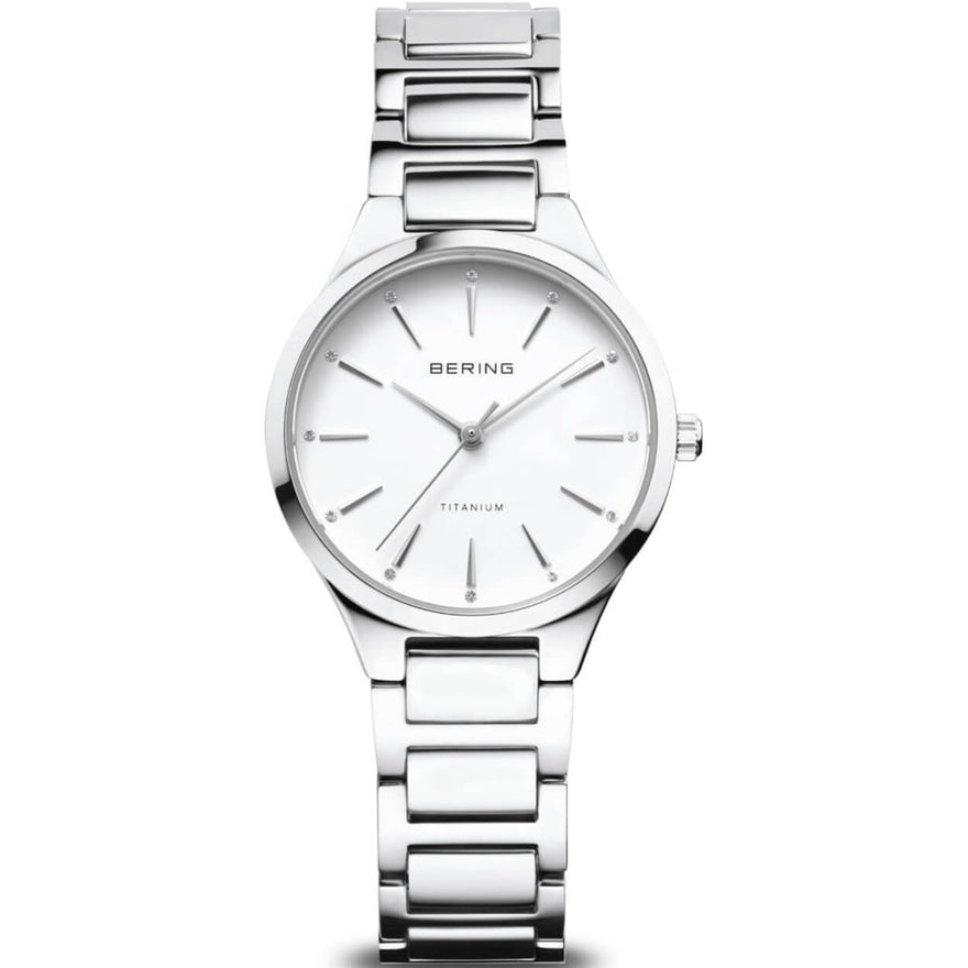 Bering Titanium 15630-704 analog damklocka med vit urtavla och armband i titan