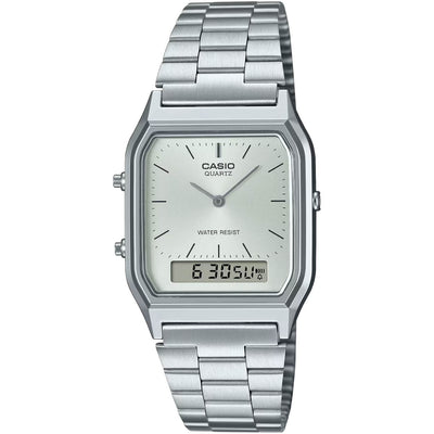 Casio Vintage AQ-230A-7AMQYES analog unisexklocka med silver urtavla och armband i rostfritt stål