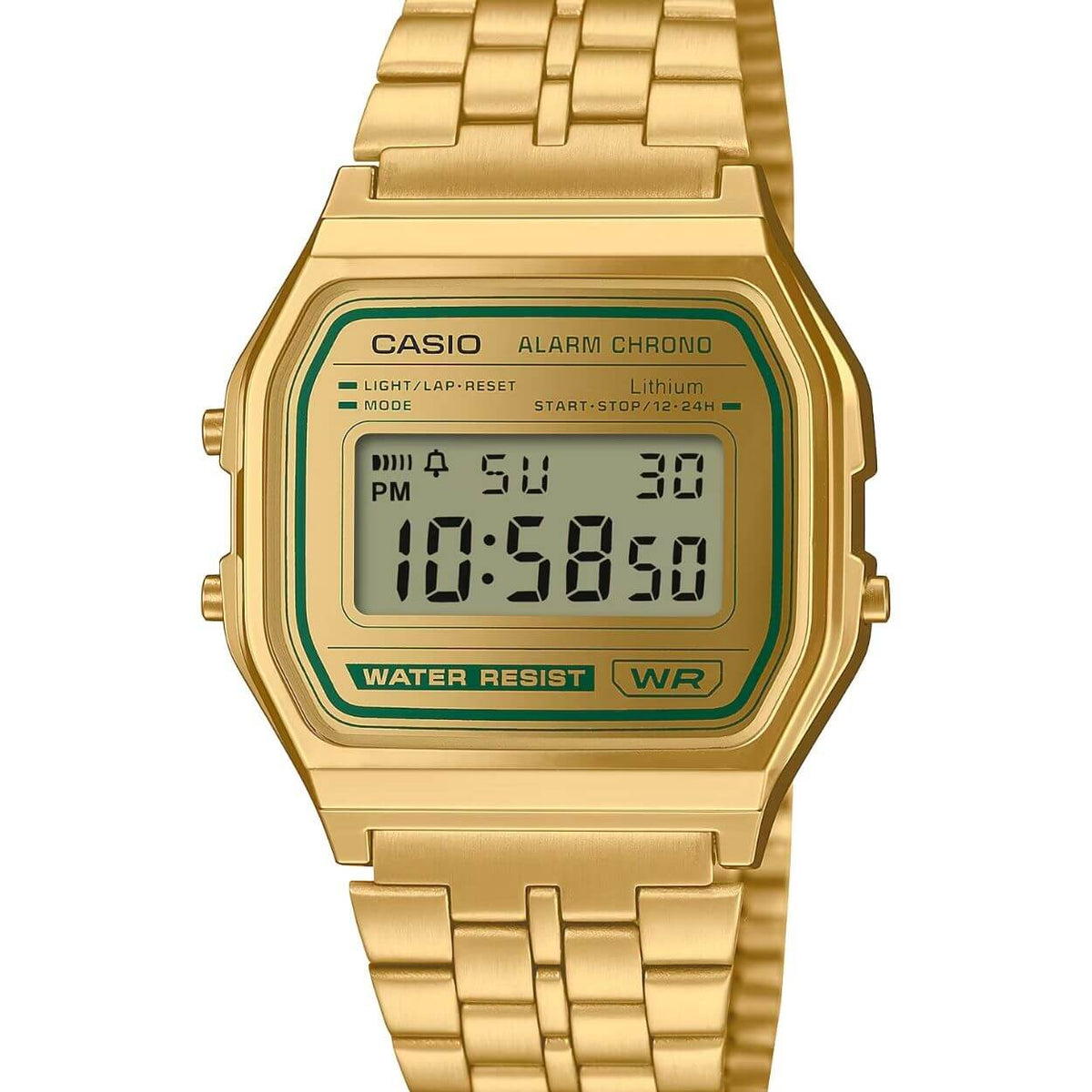 Casio Vintage A158WEGV-9AEF digital unisexklocka med guld urtavla och armband i rostfritt stål