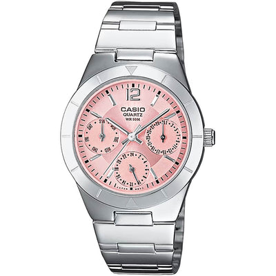 Casio Timeless LTP-2069D-4AVEG analog damklocka med rosa urtavla och armband i rostfritt stål