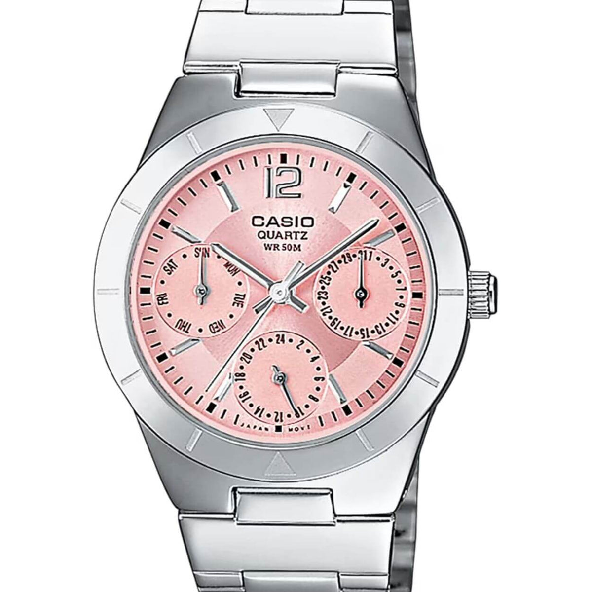 Casio Timeless LTP-2069D-4AVEG analog damklocka med rosa urtavla och armband i rostfritt stål