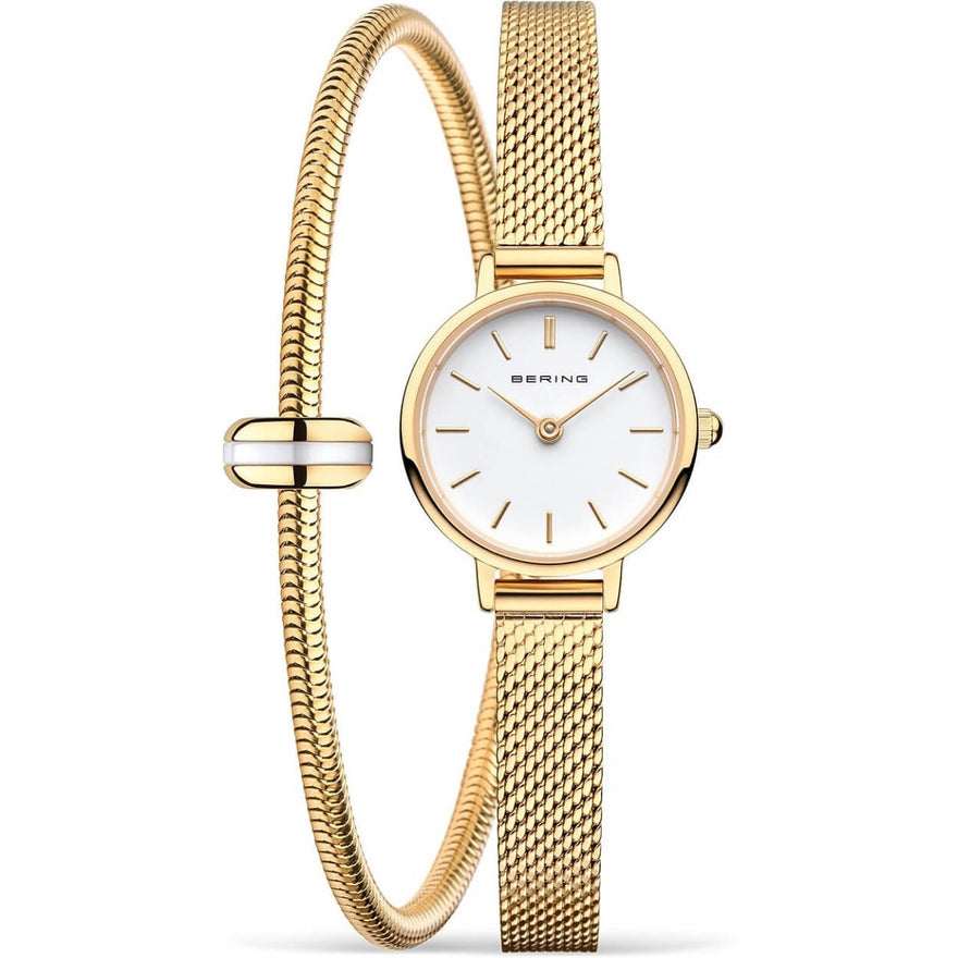 Bering Lovely Set 11022-334-Lovely-1-GWP190 analog damklocka med vit urtavla och armband i mesh
