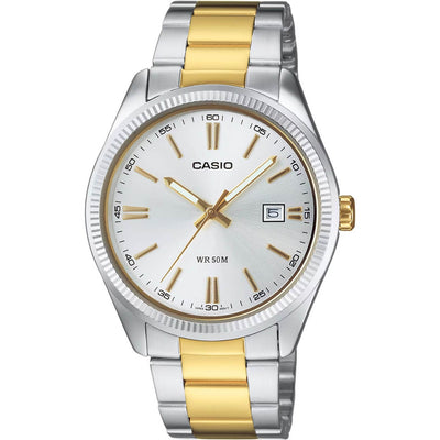 Casio Timeless MTP-1302PSG-7AVEF analog herrklocka med vit urtavla och armband i rostfritt stål