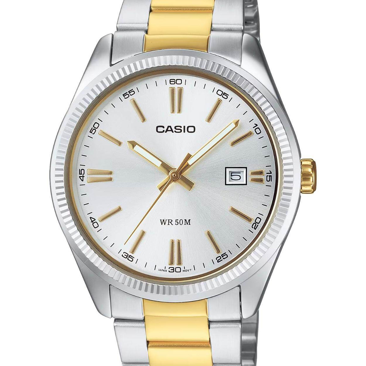 Casio Timeless MTP-1302PSG-7AVEF analog herrklocka med vit urtavla och armband i rostfritt stål