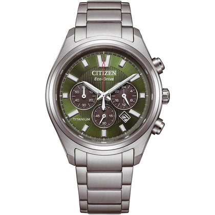 Citizen Super Titanium Eco-Drive CA4750-51X analog herrklocka med grön urtavla och armband i titan