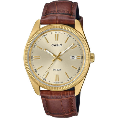 Casio Timeless MTP-1302PGL-9AVEF analog herrklocka med guld urtavla och armband i läder