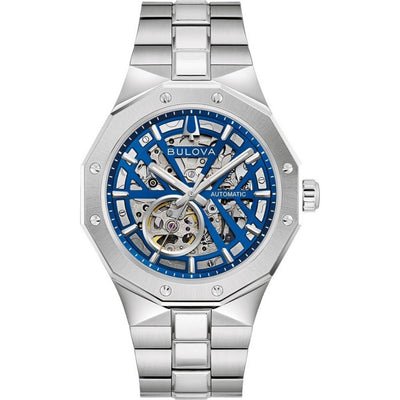 Bulova Prestige Automatic 96A352 analog herrklocka med blå urtavla och armband i rostfritt stål