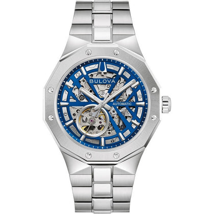 Bulova Prestige Automatic 96A352 analog herrklocka med blå urtavla och armband i rostfritt stål