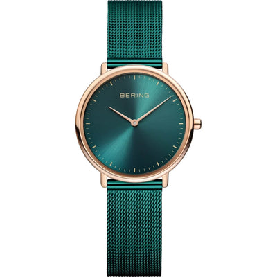 Bering Ultra Slim 15729-868 analog damklocka med grön urtavla och armband i mesh