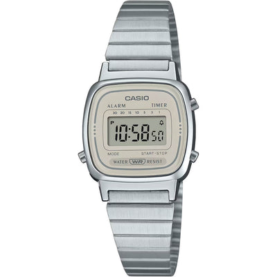 Casio Vintage Mini LA670WEA-8AEF digital damklocka med beige urtavla och armband i rostfritt stål