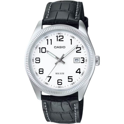 Casio Timeless MTP-1302PL-7BVEF analog herrklocka med vit urtavla och armband i läder