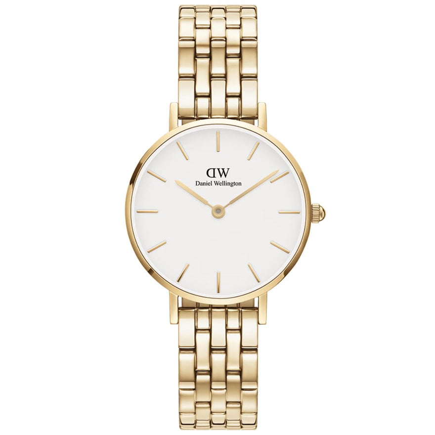 Daniel Wellington Petite 5-Link Evergold DW00100614 analog damklocka med vit urtavla och armband i rostfritt stål