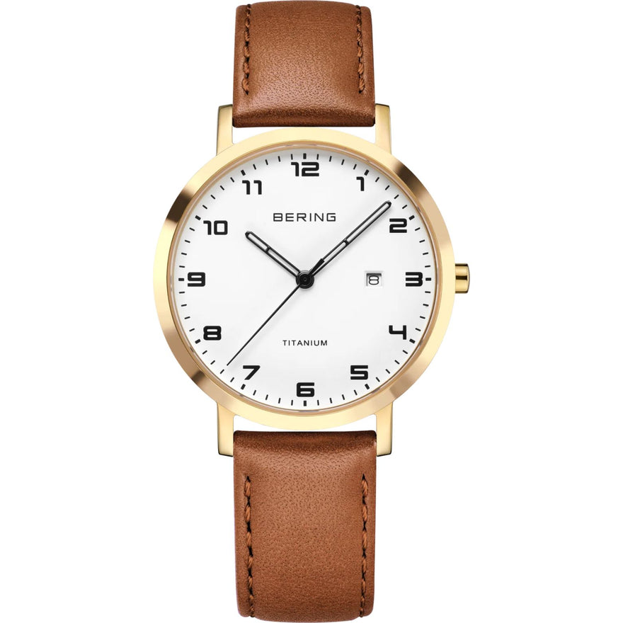 Bering Classic Mini Titanium 18634-534 analog damklocka med vit urtavla och armband i läder
