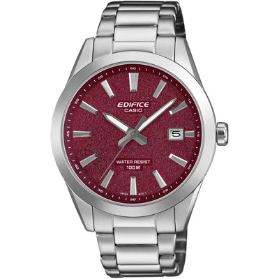 Casio Edifice EFV-160D-4AVEF analog herrklocka med rött urtavla och armband i rostfritt stål
