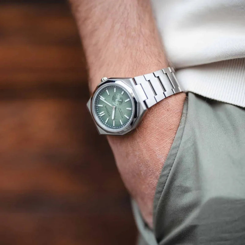 Citizen Zenshin 60 Super Titanium NK5020-58X analog herrklocka med grön urtavla och armband i titan