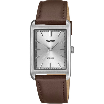 Casio Timeless MTP-B215L-7AVER (lägg gtin) analog unisexklocka med silver urtavla och armband i läder