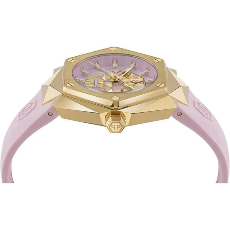 Philipp Plein The Skull PWADA0124 analog damklocka med rosa urtavla och armband i gummi