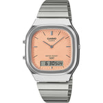 Casio Vintage AQ-240E-4AEF (lägg gtin) analog unisexklocka med orange urtavla och armband i rostfritt stål
